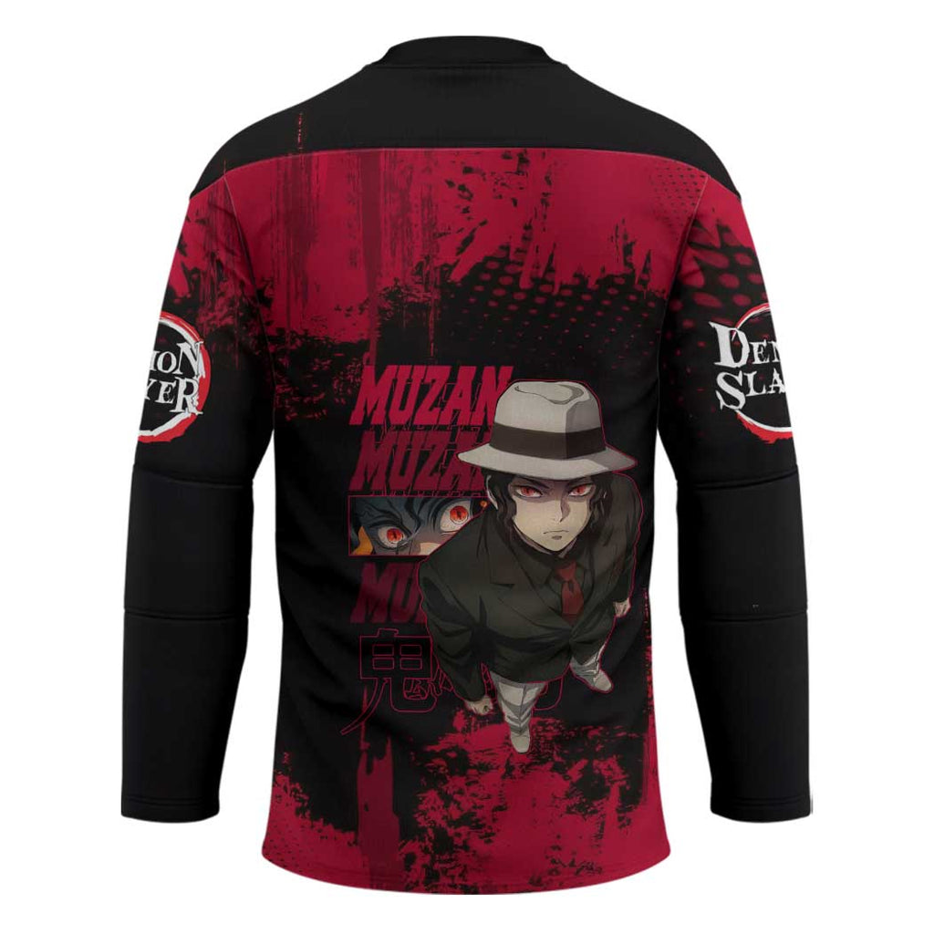 Muzan Kibutsuji Demon Slayer Red Grunge Design Hockey Jersey with Intense Eyes and Hat Outfit Pose - The Mazicc