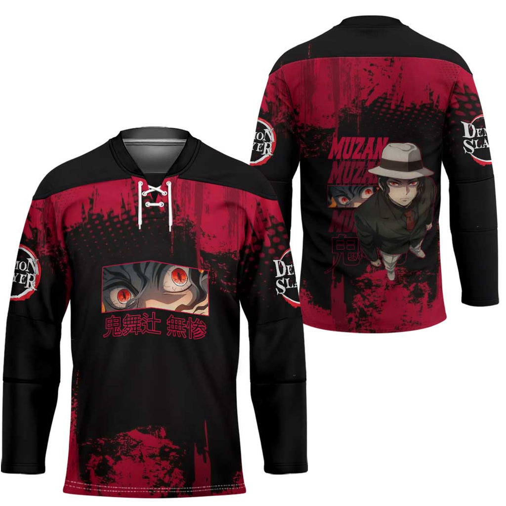 Muzan Kibutsuji Demon Slayer Red Grunge Design Hockey Jersey with Intense Eyes and Hat Outfit Pose - The Mazicc