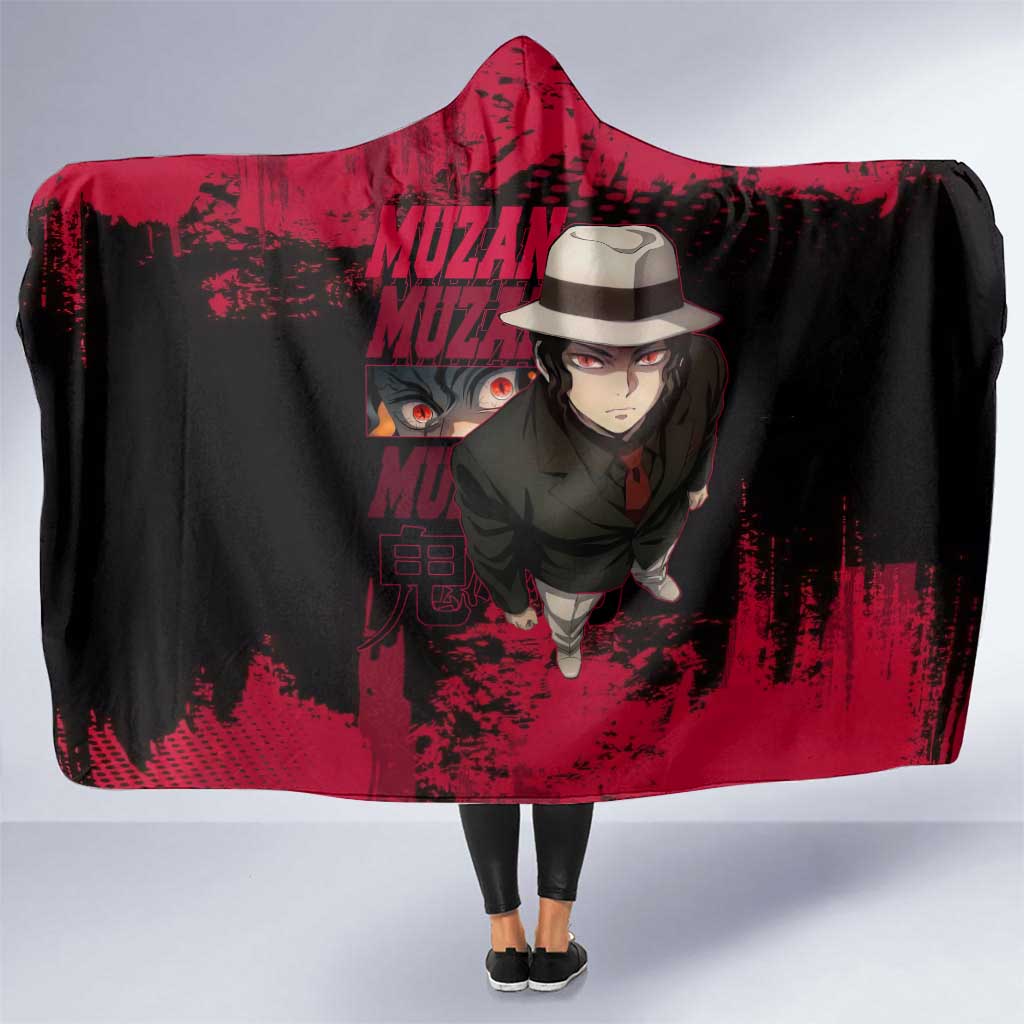 Muzan Kibutsuji Demon Slayer Red Grunge Design Hooded Blanket with Intense Eyes and Hat Outfit Pose - The Mazicc