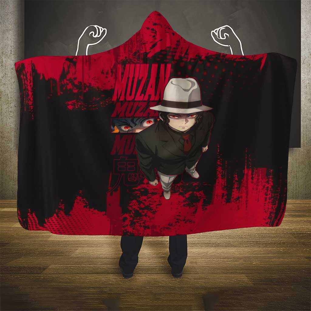 Muzan Kibutsuji Demon Slayer Red Grunge Design Hooded Blanket with Intense Eyes and Hat Outfit Pose - The Mazicc