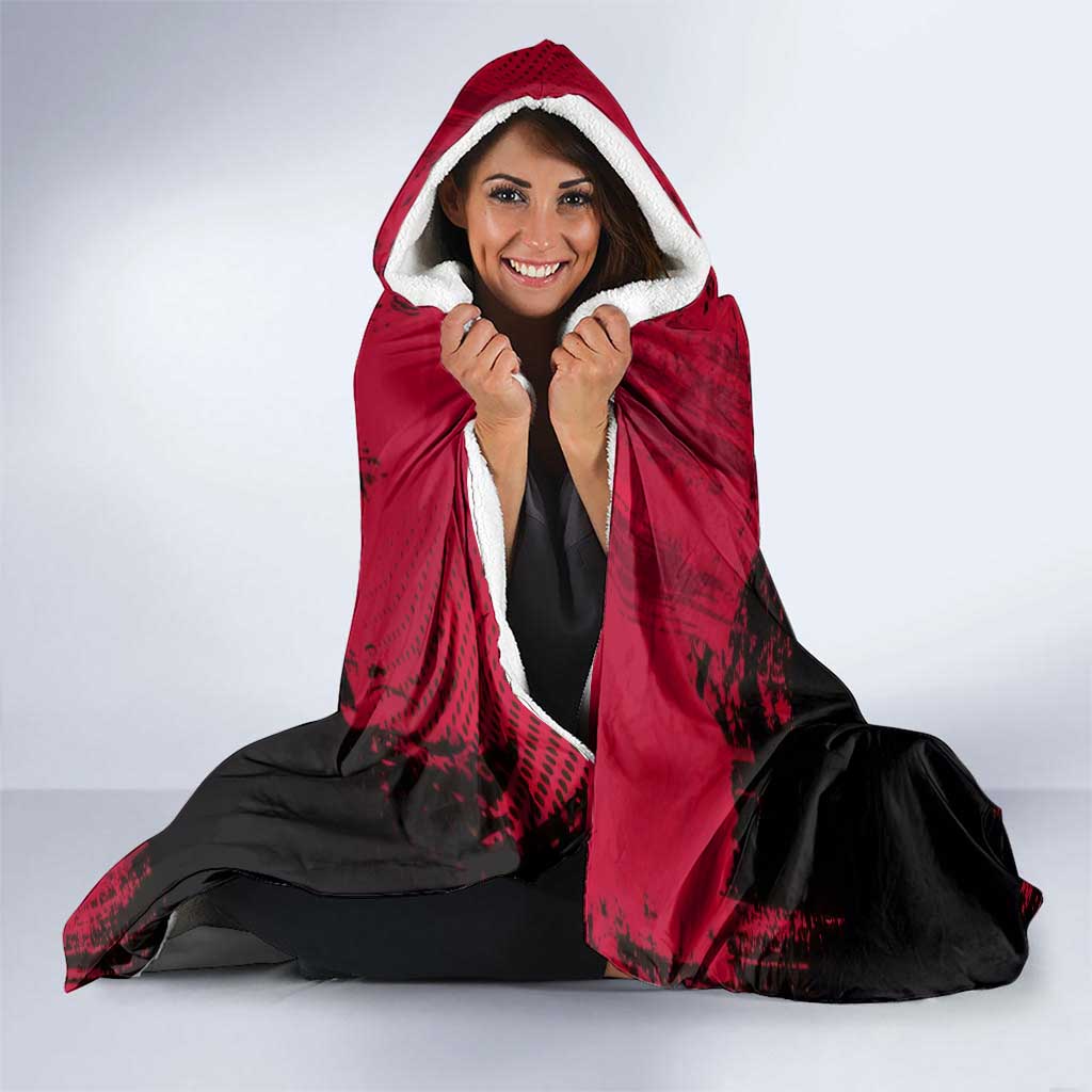 Muzan Kibutsuji Demon Slayer Red Grunge Design Hooded Blanket with Intense Eyes and Hat Outfit Pose - The Mazicc