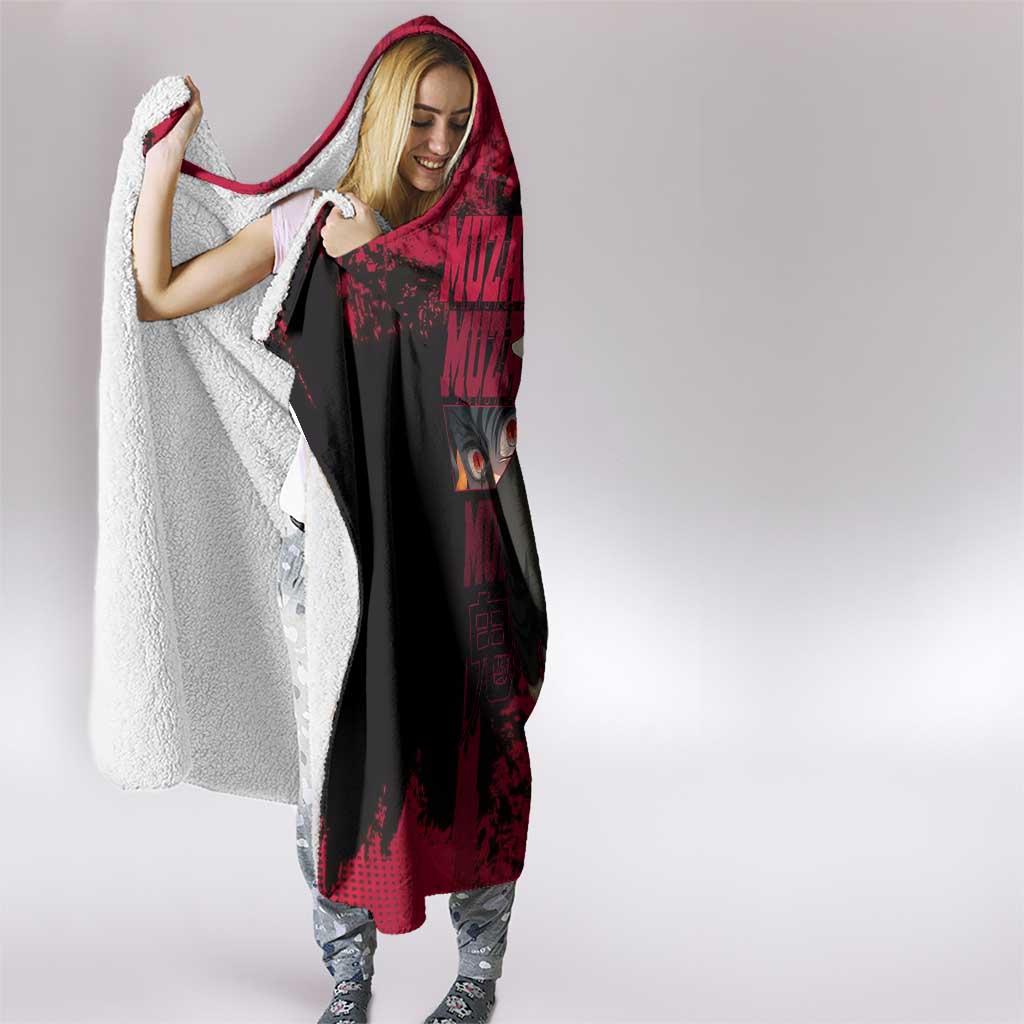 Muzan Kibutsuji Demon Slayer Red Grunge Design Hooded Blanket with Intense Eyes and Hat Outfit Pose - The Mazicc
