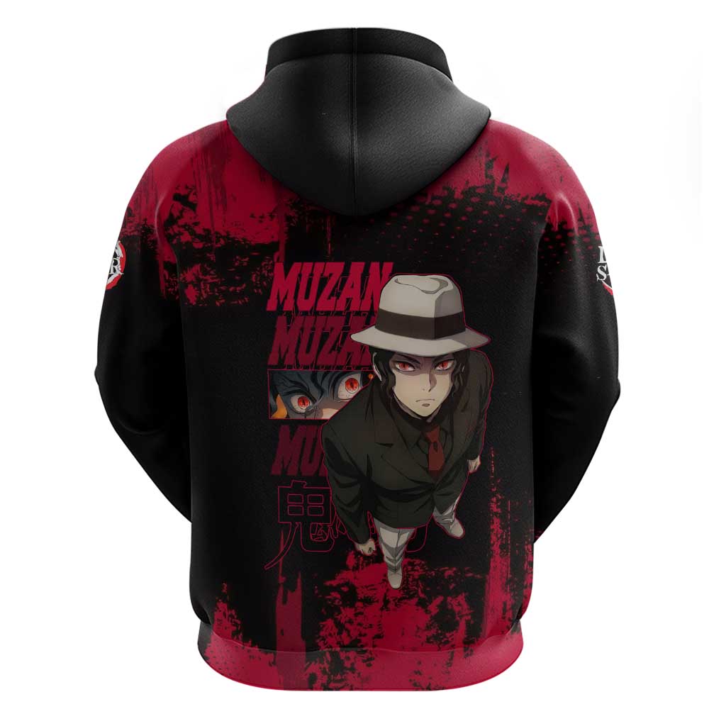 Muzan Kibutsuji Demon Slayer Red Grunge Design Hoodie with Intense Eyes and Hat Outfit Pose - The Mazicc
