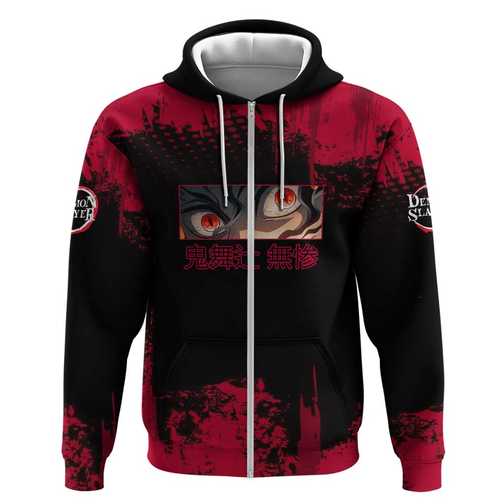 Muzan Kibutsuji Demon Slayer Red Grunge Design Hoodie with Intense Eyes and Hat Outfit Pose - The Mazicc