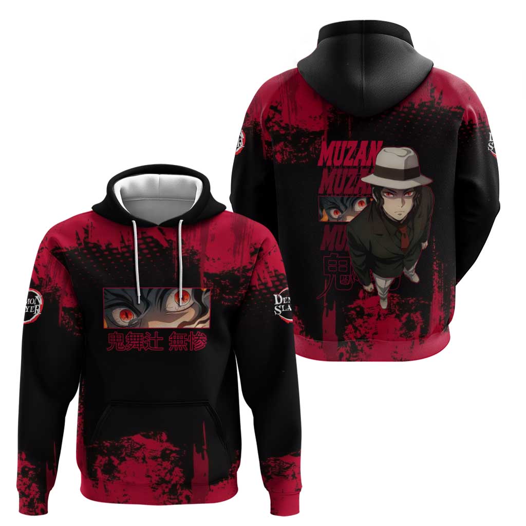 Muzan Kibutsuji Demon Slayer Red Grunge Design Hoodie with Intense Eyes and Hat Outfit Pose - The Mazicc