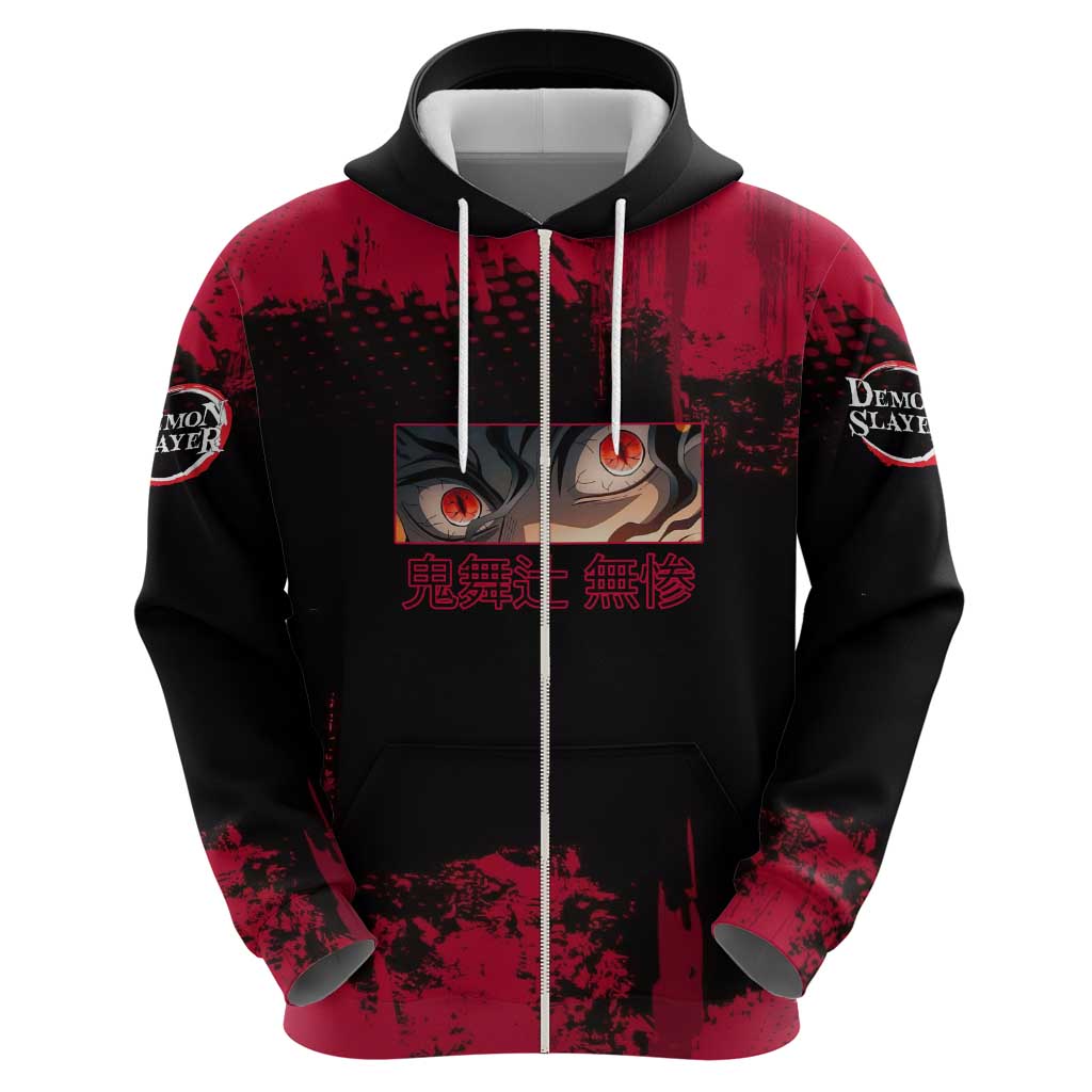 Muzan Kibutsuji Demon Slayer Red Grunge Design Hoodie with Intense Eyes and Hat Outfit Pose - The Mazicc