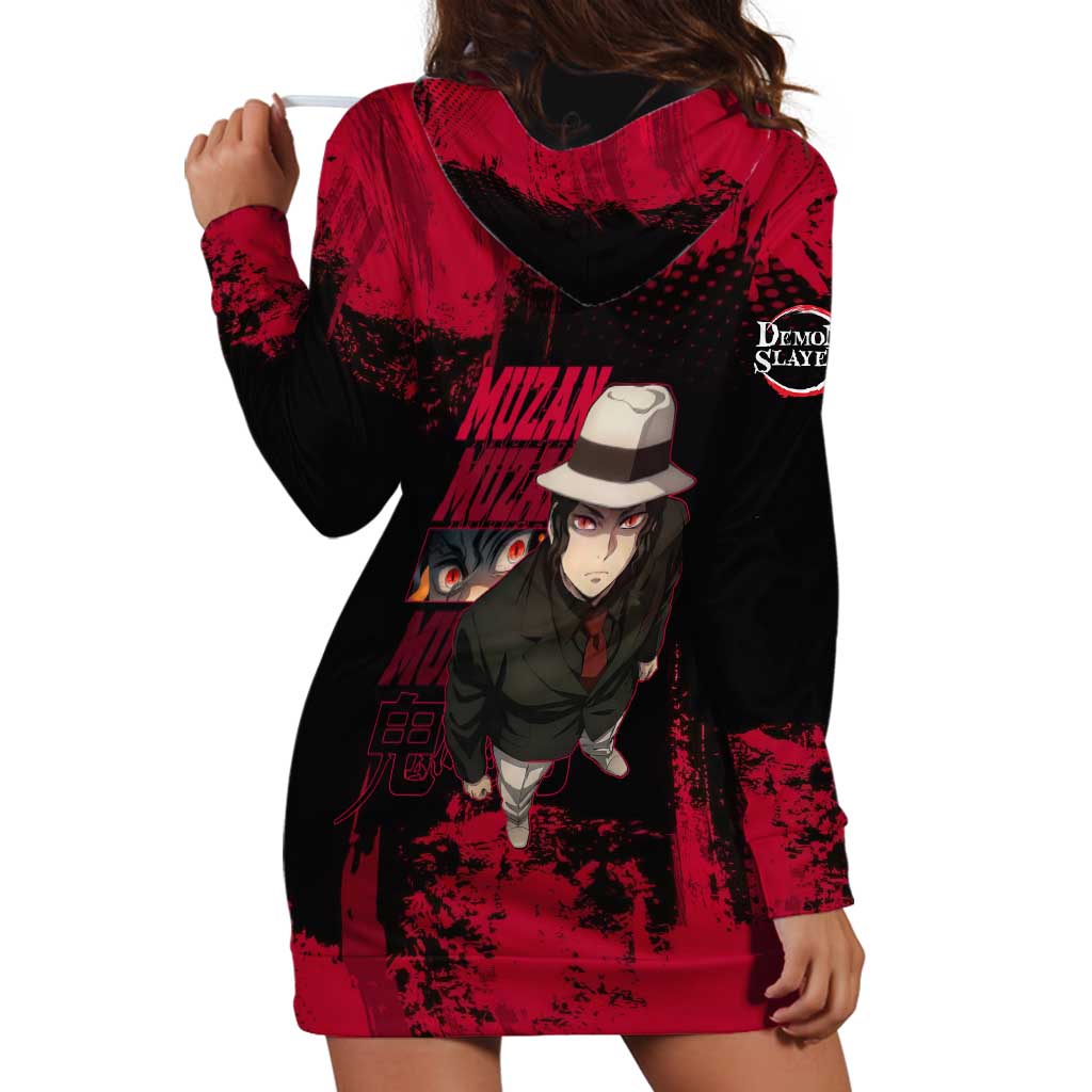 Muzan Kibutsuji Demon Slayer Red Grunge Design Hoodie Dress with Intense Eyes and Hat Outfit Pose - The Mazicc