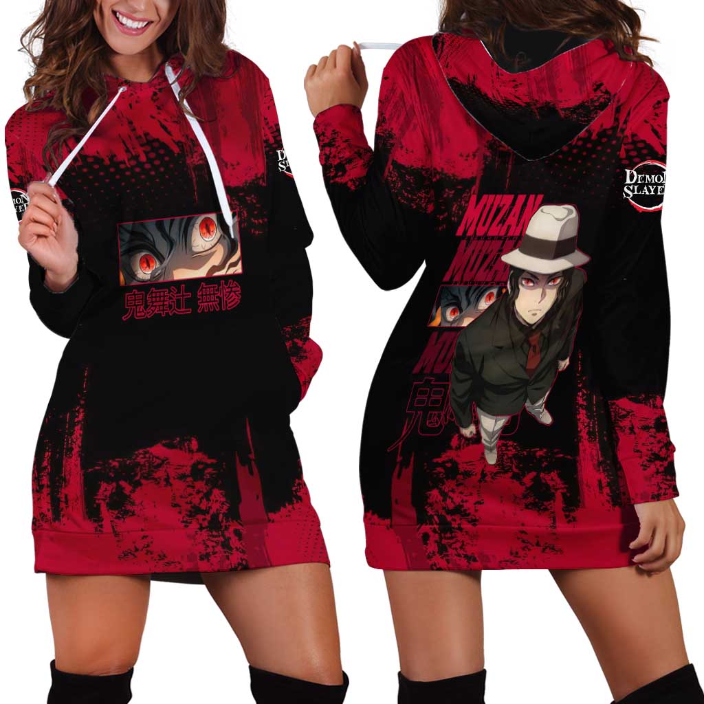 Muzan Kibutsuji Demon Slayer Red Grunge Design Hoodie Dress with Intense Eyes and Hat Outfit Pose - The Mazicc