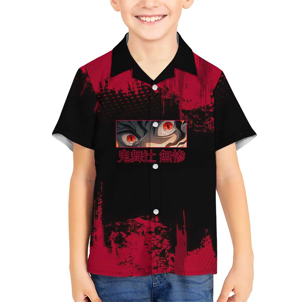 Muzan Kibutsuji Demon Slayer Red Grunge Design Kid Hawaiian Shirt with Intense Eyes and Hat Outfit Pose - The Mazicc