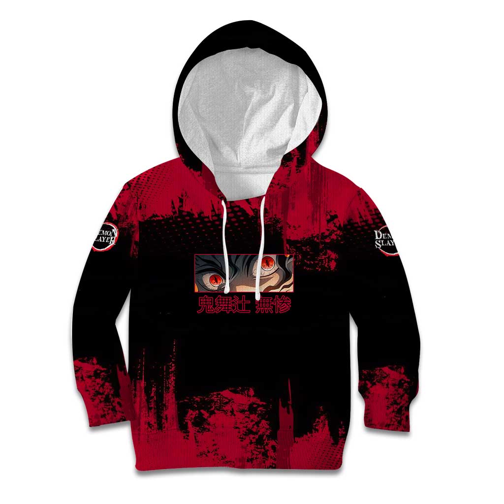 Muzan Kibutsuji Demon Slayer Red Grunge Design Kid Hoodie with Intense Eyes and Hat Outfit Pose - The Mazicc