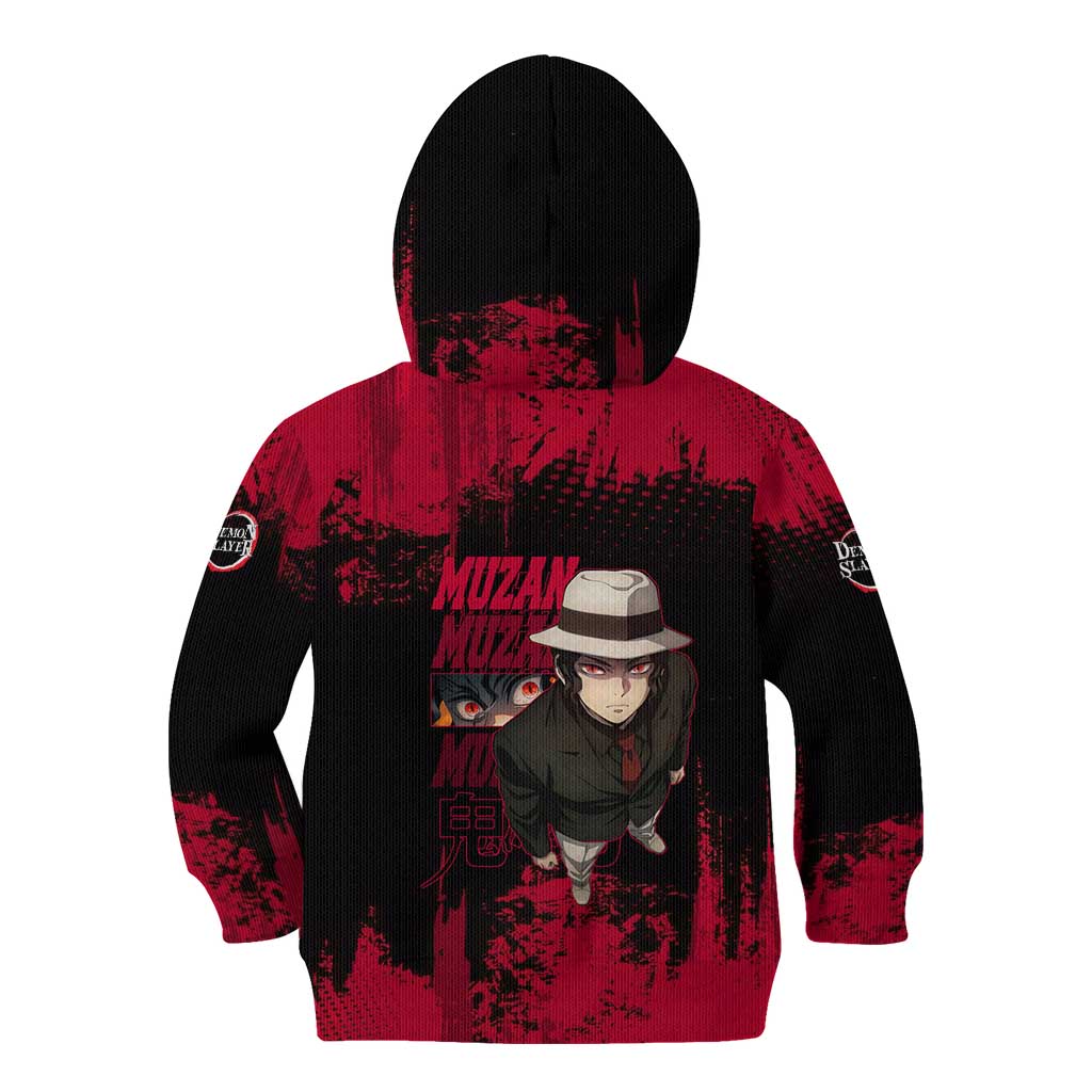 Muzan Kibutsuji Demon Slayer Red Grunge Design Kid Hoodie with Intense Eyes and Hat Outfit Pose - The Mazicc