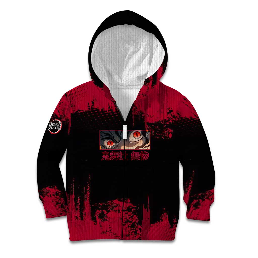 Muzan Kibutsuji Demon Slayer Red Grunge Design Kid Hoodie with Intense Eyes and Hat Outfit Pose - The Mazicc