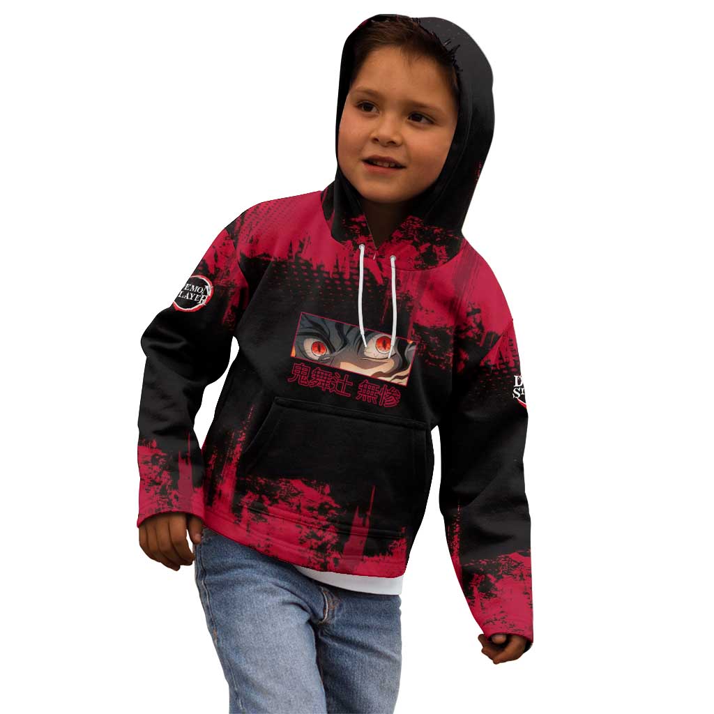 Muzan Kibutsuji Demon Slayer Red Grunge Design Kid Hoodie with Intense Eyes and Hat Outfit Pose - The Mazicc