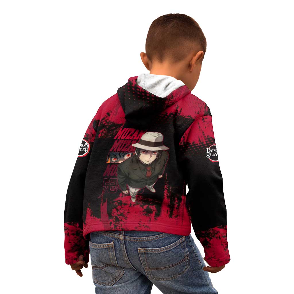 Muzan Kibutsuji Demon Slayer Red Grunge Design Kid Hoodie with Intense Eyes and Hat Outfit Pose - The Mazicc