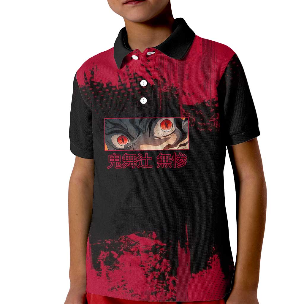 Muzan Kibutsuji Demon Slayer Red Grunge Design Kid Polo Shirt with Intense Eyes and Hat Outfit Pose - The Mazicc