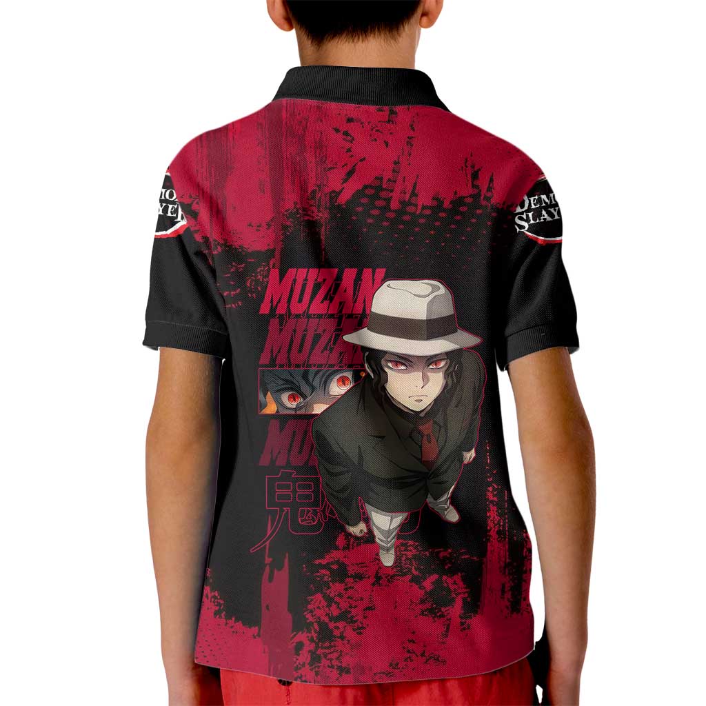 Muzan Kibutsuji Demon Slayer Red Grunge Design Kid Polo Shirt with Intense Eyes and Hat Outfit Pose - The Mazicc