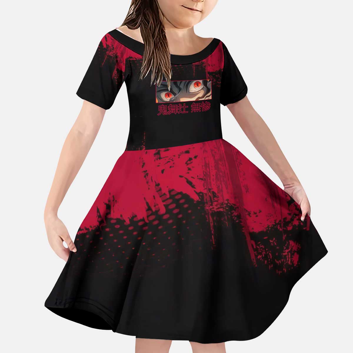 Muzan Kibutsuji Demon Slayer Red Grunge Design Kid Short Sleeve Dress with Intense Eyes and Hat Outfit Pose - The Mazicc