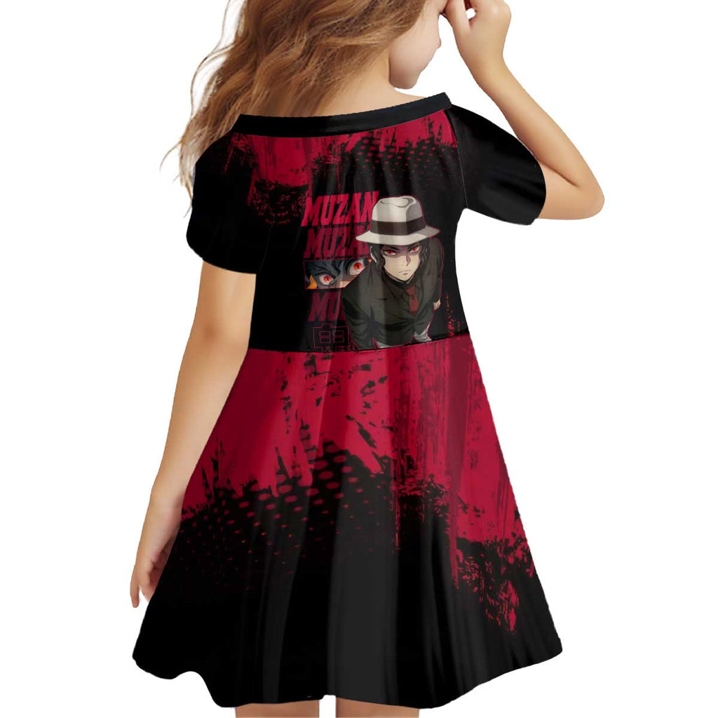 Muzan Kibutsuji Demon Slayer Red Grunge Design Kid Short Sleeve Dress with Intense Eyes and Hat Outfit Pose - The Mazicc
