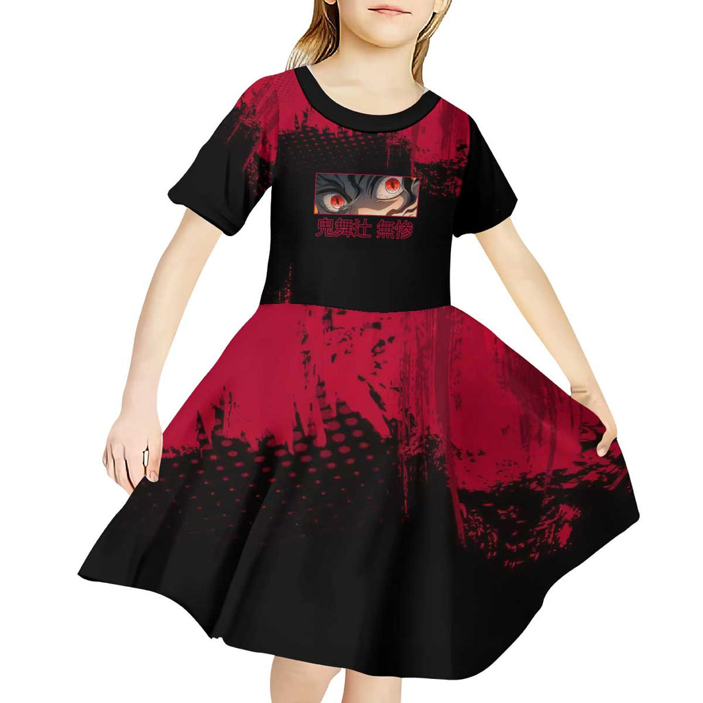 Muzan Kibutsuji Demon Slayer Red Grunge Design Kid Short Sleeve Dress with Intense Eyes and Hat Outfit Pose - The Mazicc