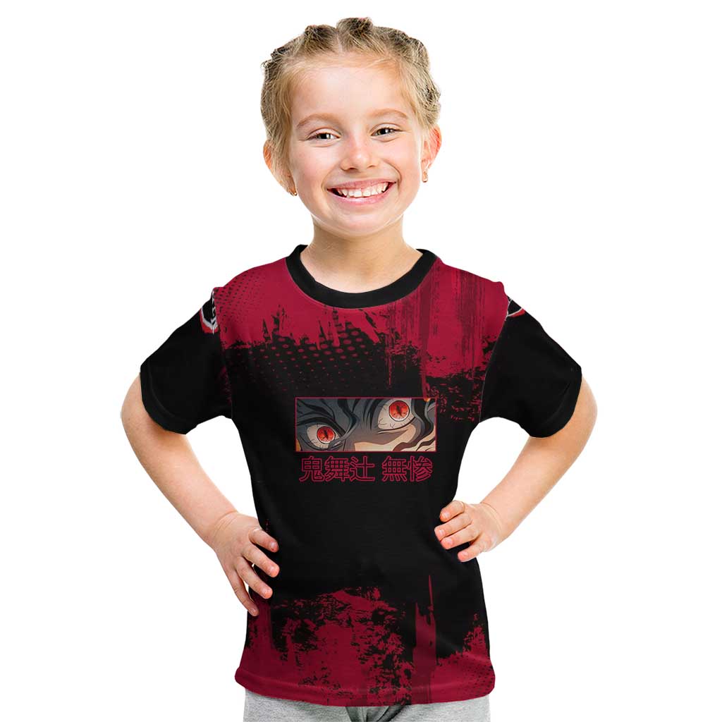 Muzan Kibutsuji Demon Slayer Red Grunge Design Kid T Shirt with Intense Eyes and Hat Outfit Pose - The Mazicc