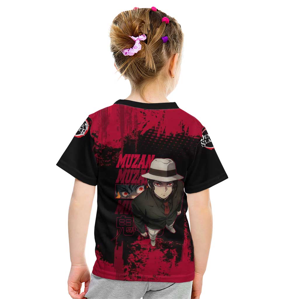 Muzan Kibutsuji Demon Slayer Red Grunge Design Kid T Shirt with Intense Eyes and Hat Outfit Pose - The Mazicc