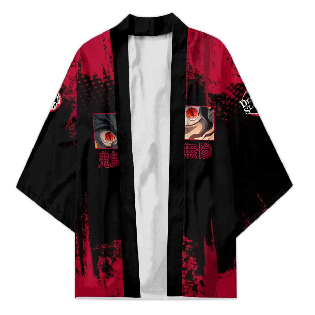 Muzan Kibutsuji Demon Slayer Red Grunge Design Kimono with Intense Eyes and Hat Outfit Pose - The Mazicc
