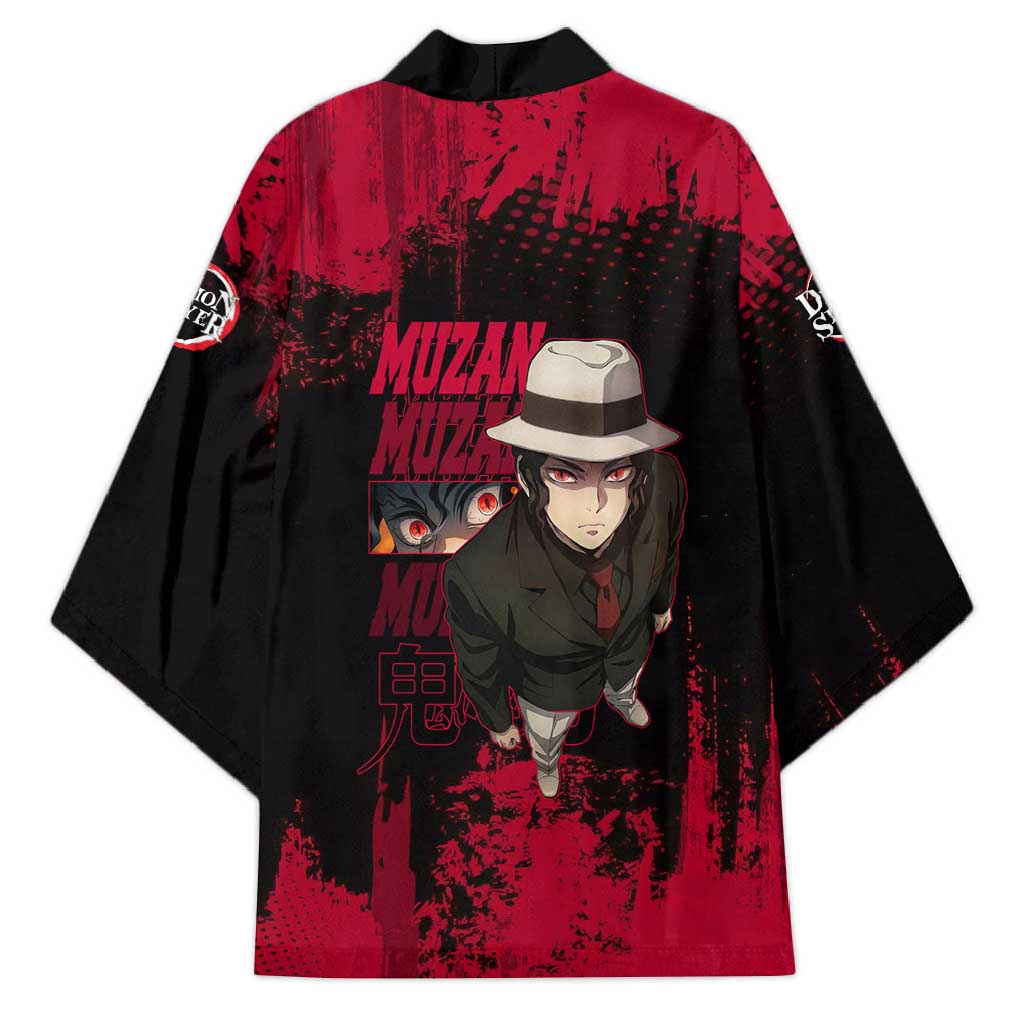 Muzan Kibutsuji Demon Slayer Red Grunge Design Kimono with Intense Eyes and Hat Outfit Pose - The Mazicc