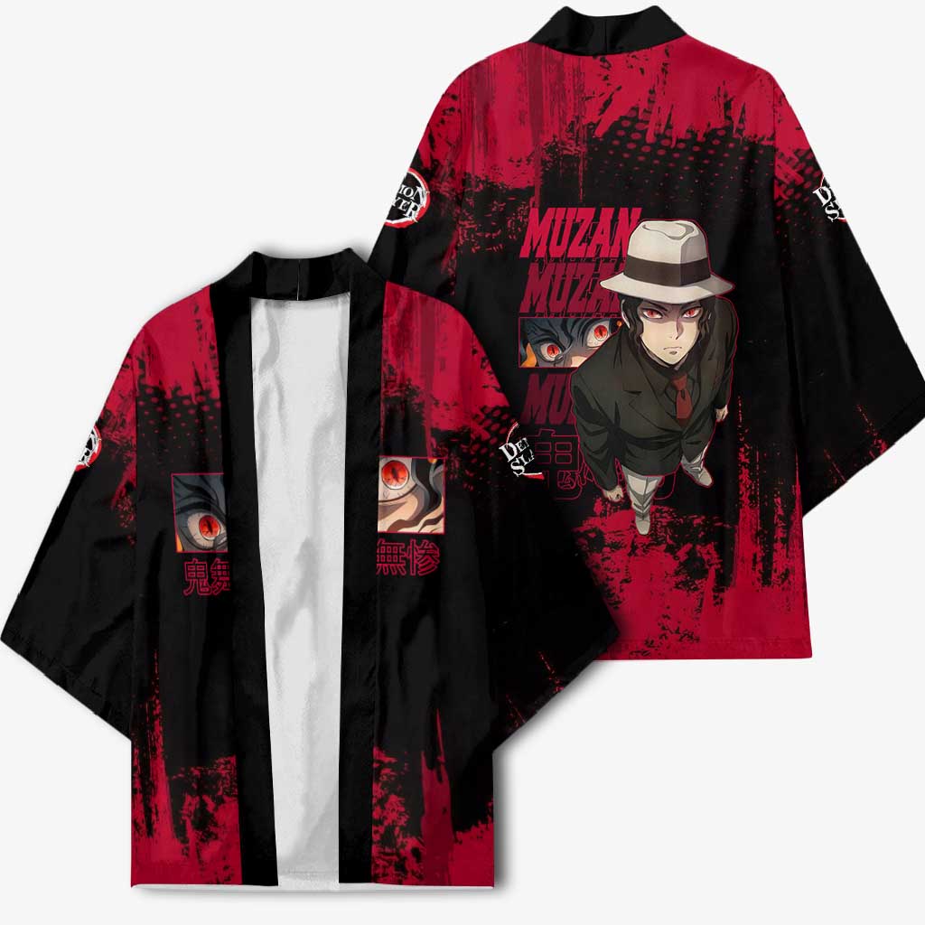Muzan Kibutsuji Demon Slayer Red Grunge Design Kimono with Intense Eyes and Hat Outfit Pose - The Mazicc