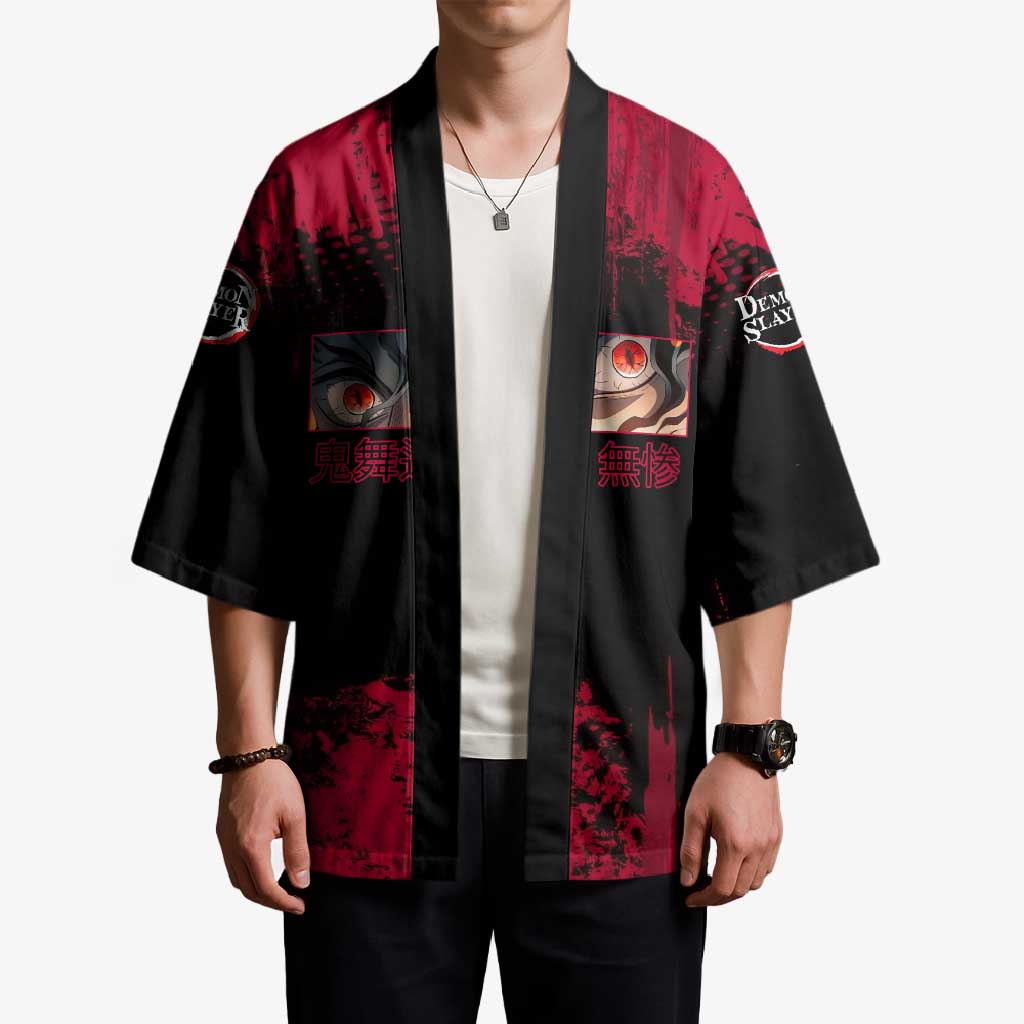 Muzan Kibutsuji Demon Slayer Red Grunge Design Kimono with Intense Eyes and Hat Outfit Pose - The Mazicc