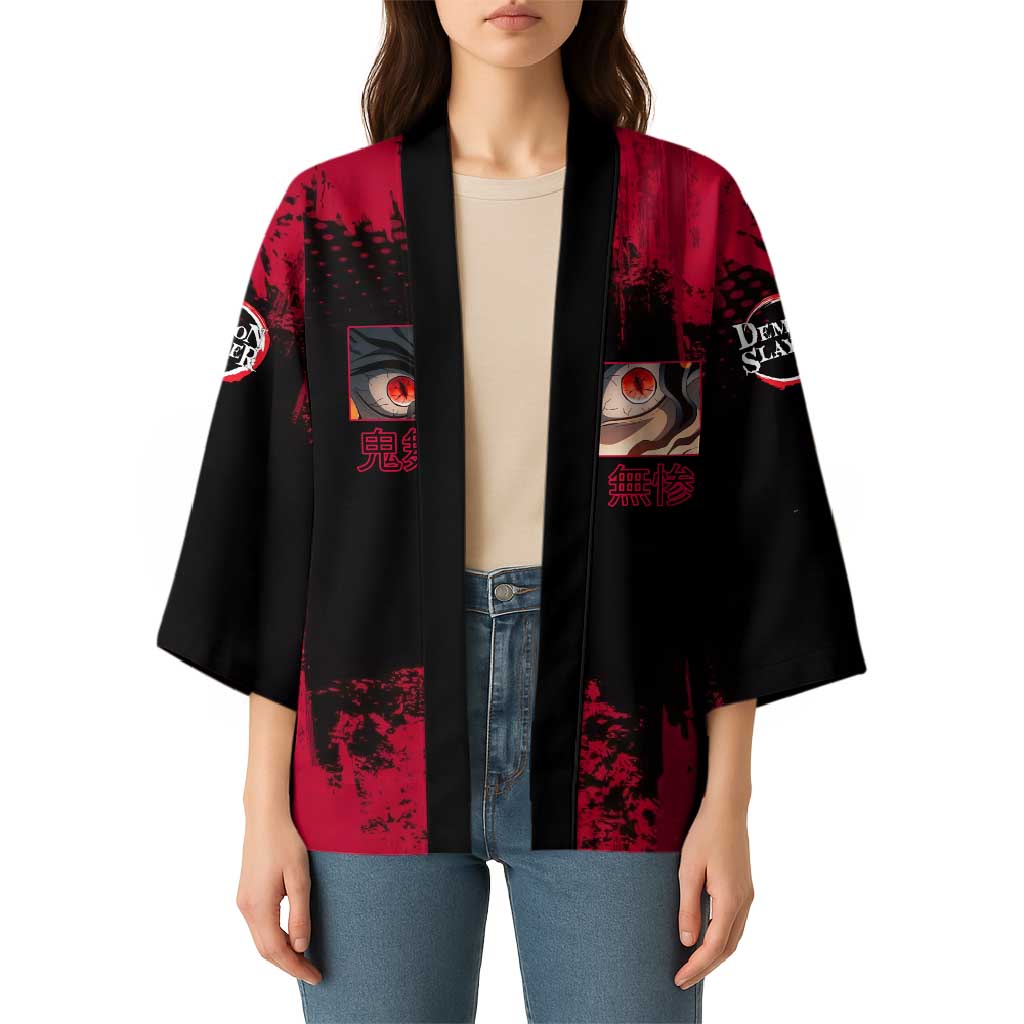 Muzan Kibutsuji Demon Slayer Red Grunge Design Kimono with Intense Eyes and Hat Outfit Pose - The Mazicc