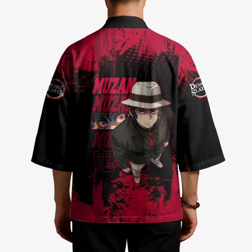 Muzan Kibutsuji Demon Slayer Red Grunge Design Kimono with Intense Eyes and Hat Outfit Pose - The Mazicc