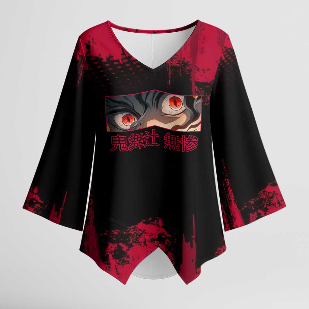 Muzan Kibutsuji Demon Slayer Red Grunge Design Kimono Sleeve Blouse with Intense Eyes and Hat Outfit Pose - The Mazicc