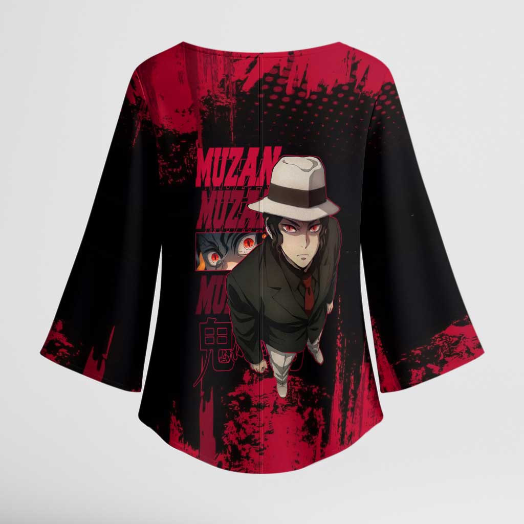 Muzan Kibutsuji Demon Slayer Red Grunge Design Kimono Sleeve Blouse with Intense Eyes and Hat Outfit Pose - The Mazicc