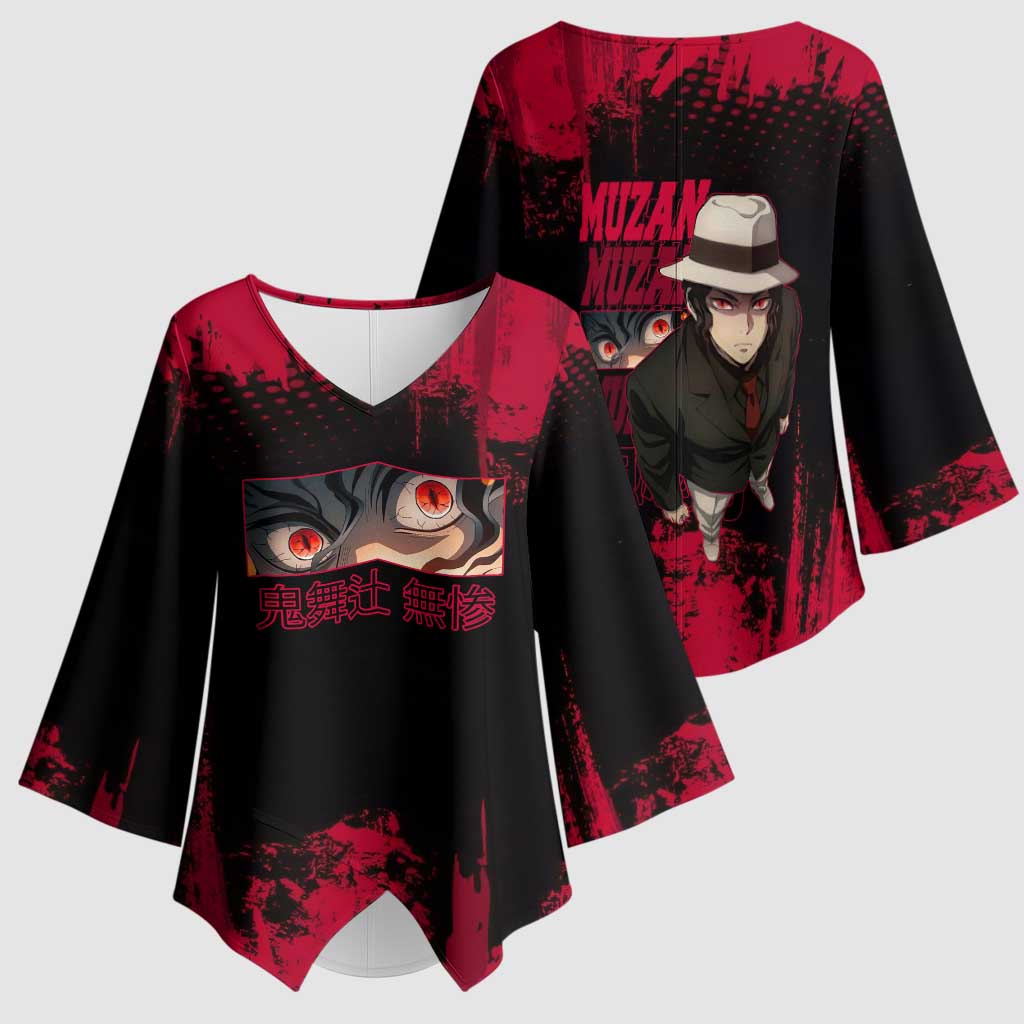 Muzan Kibutsuji Demon Slayer Red Grunge Design Kimono Sleeve Blouse with Intense Eyes and Hat Outfit Pose - The Mazicc