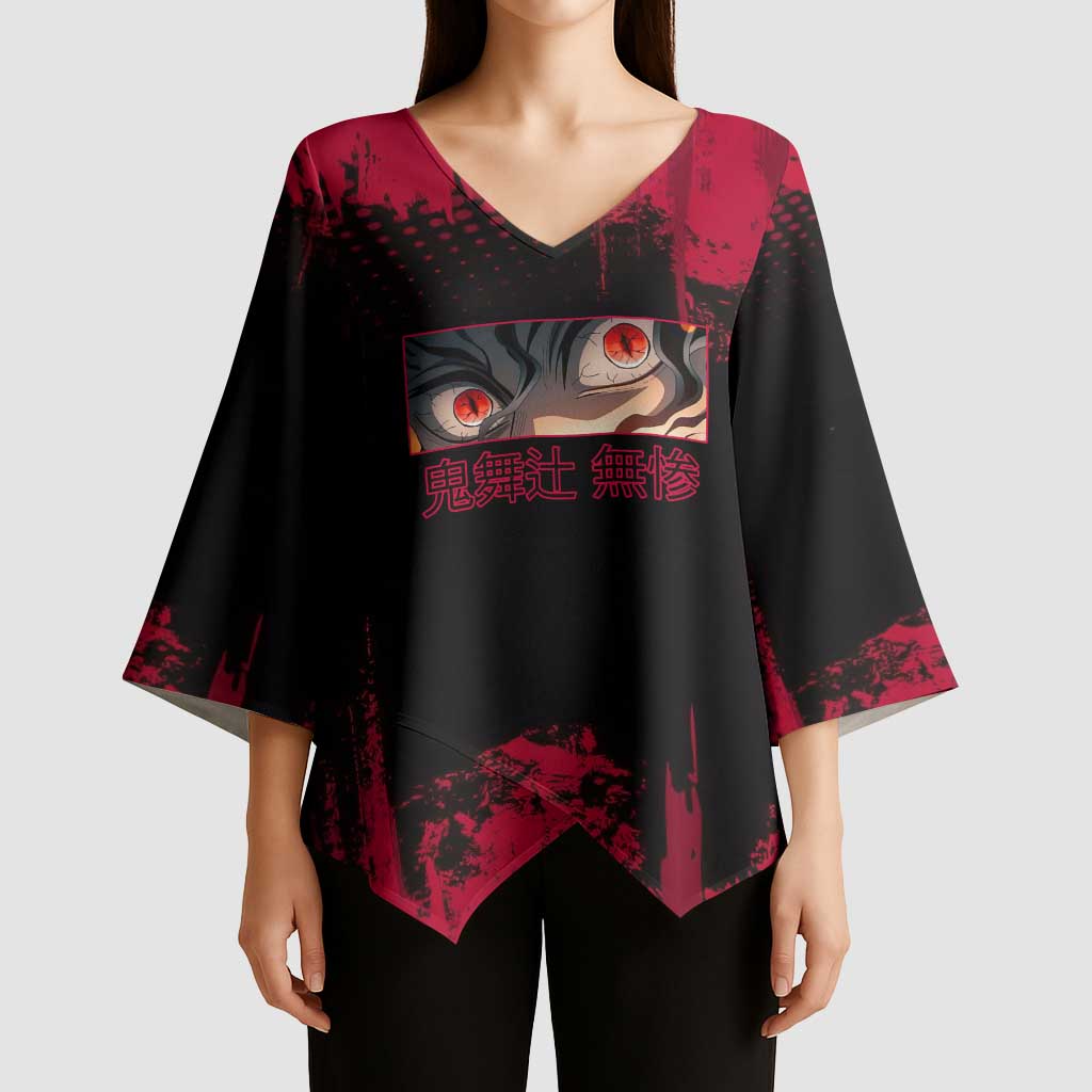 Muzan Kibutsuji Demon Slayer Red Grunge Design Kimono Sleeve Blouse with Intense Eyes and Hat Outfit Pose - The Mazicc