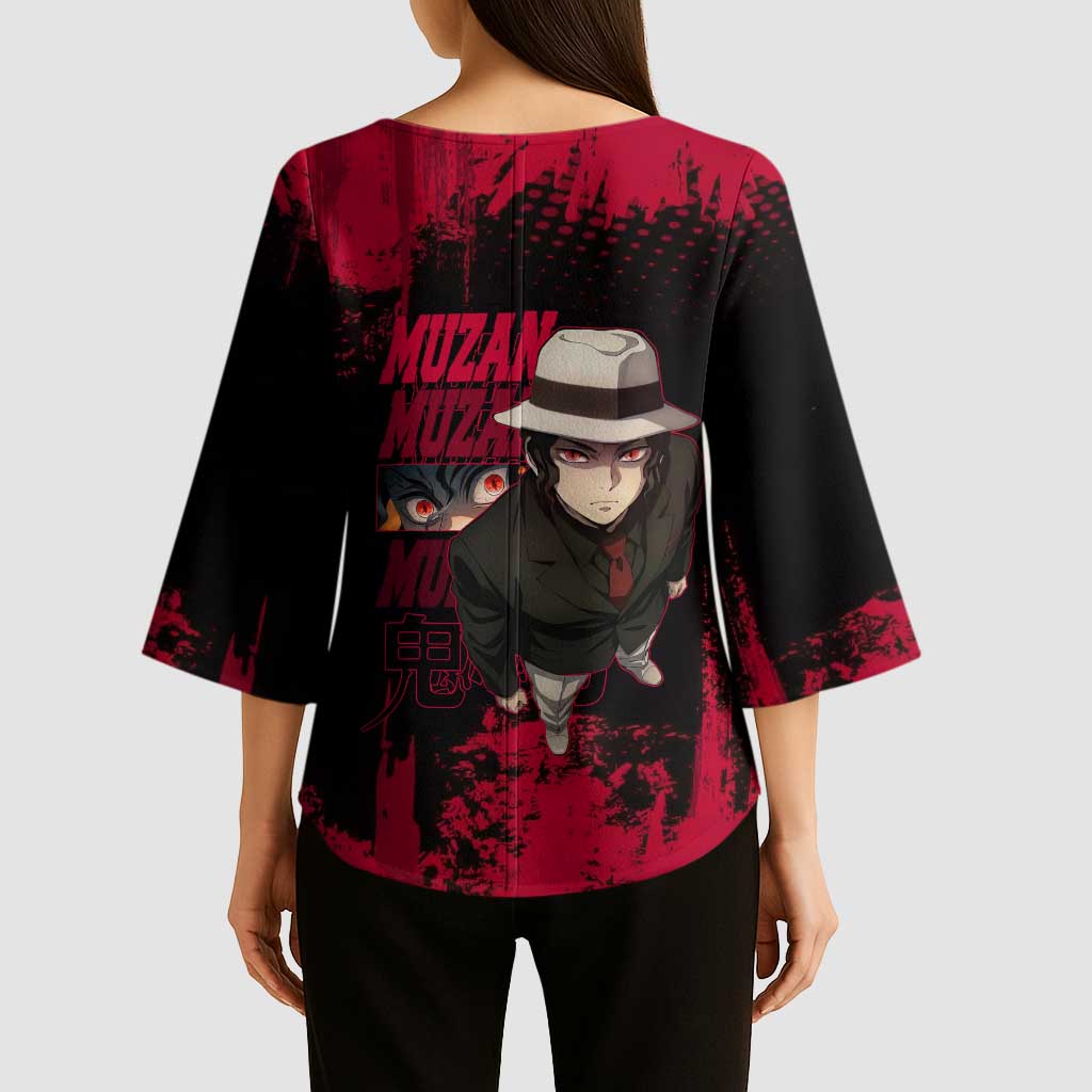 Muzan Kibutsuji Demon Slayer Red Grunge Design Kimono Sleeve Blouse with Intense Eyes and Hat Outfit Pose - The Mazicc