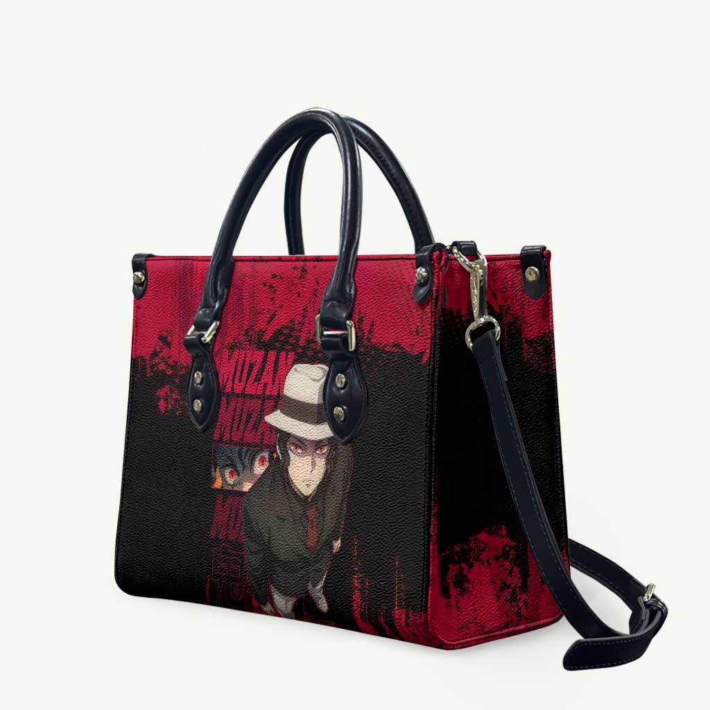 Muzan Kibutsuji Demon Slayer Red Grunge Design Leather Bag with Intense Eyes and Hat Outfit Pose - The Mazicc