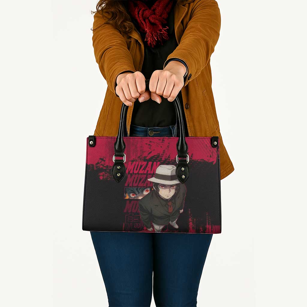 Muzan Kibutsuji Demon Slayer Red Grunge Design Leather Bag with Intense Eyes and Hat Outfit Pose - The Mazicc