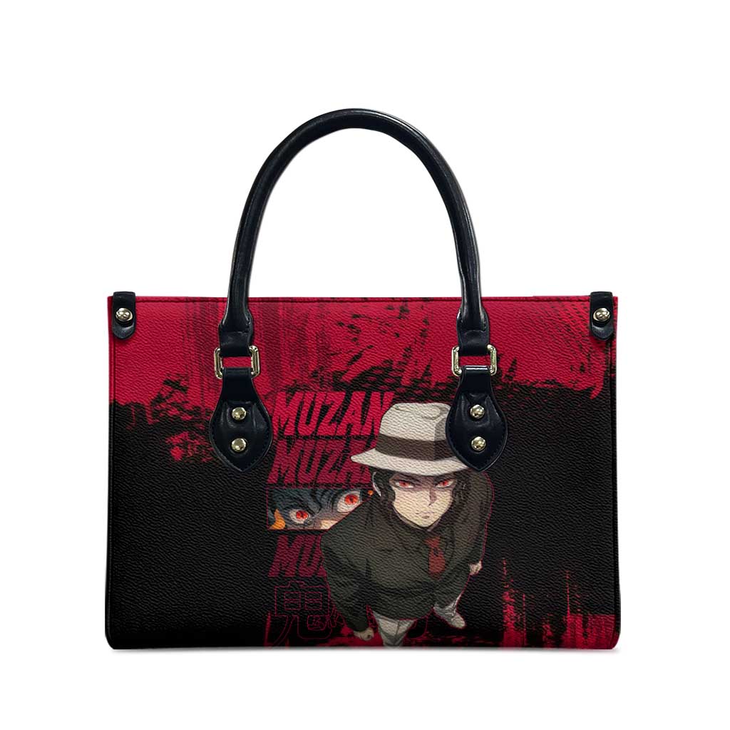 Muzan Kibutsuji Demon Slayer Red Grunge Design Leather Bag with Intense Eyes and Hat Outfit Pose - The Mazicc