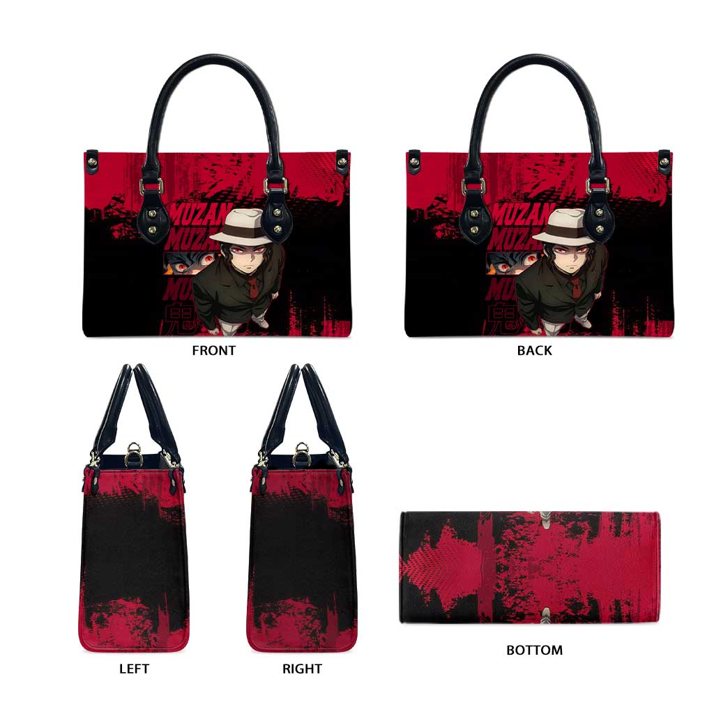 Muzan Kibutsuji Demon Slayer Red Grunge Design Leather Bag with Intense Eyes and Hat Outfit Pose - The Mazicc