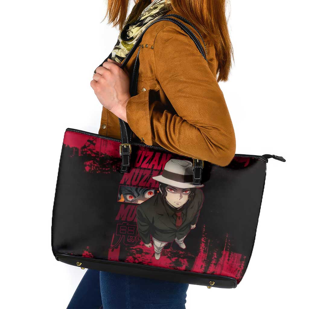 Muzan Kibutsuji Demon Slayer Red Grunge Design Leather Tote Bag with Intense Eyes and Hat Outfit Pose - The Mazicc