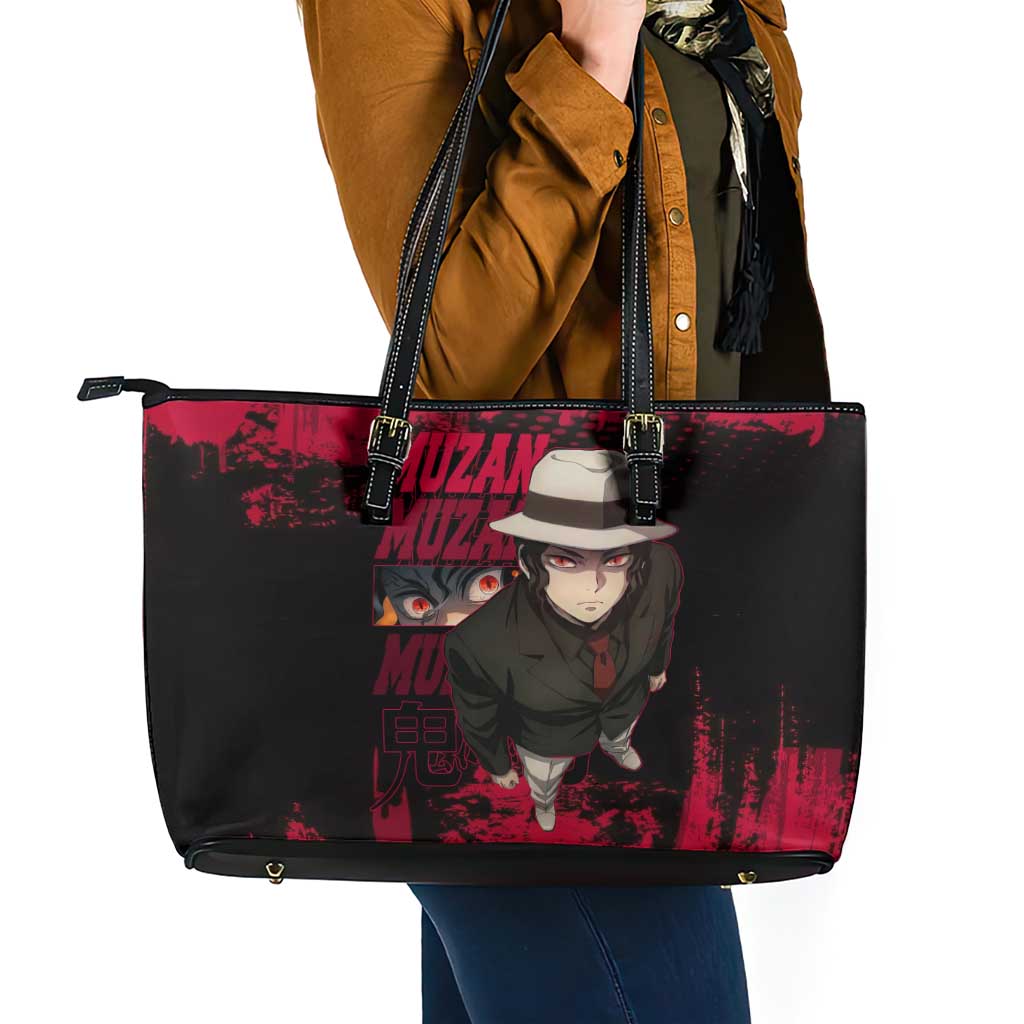 Muzan Kibutsuji Demon Slayer Red Grunge Design Leather Tote Bag with Intense Eyes and Hat Outfit Pose - The Mazicc