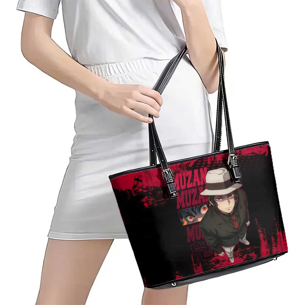 Muzan Kibutsuji Demon Slayer Red Grunge Design Leather Tote Bag with Intense Eyes and Hat Outfit Pose - The Mazicc