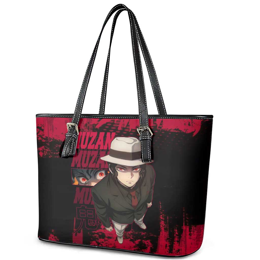Muzan Kibutsuji Demon Slayer Red Grunge Design Leather Tote Bag with Intense Eyes and Hat Outfit Pose - The Mazicc