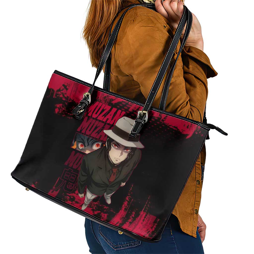 Muzan Kibutsuji Demon Slayer Red Grunge Design Leather Tote Bag with Intense Eyes and Hat Outfit Pose - The Mazicc