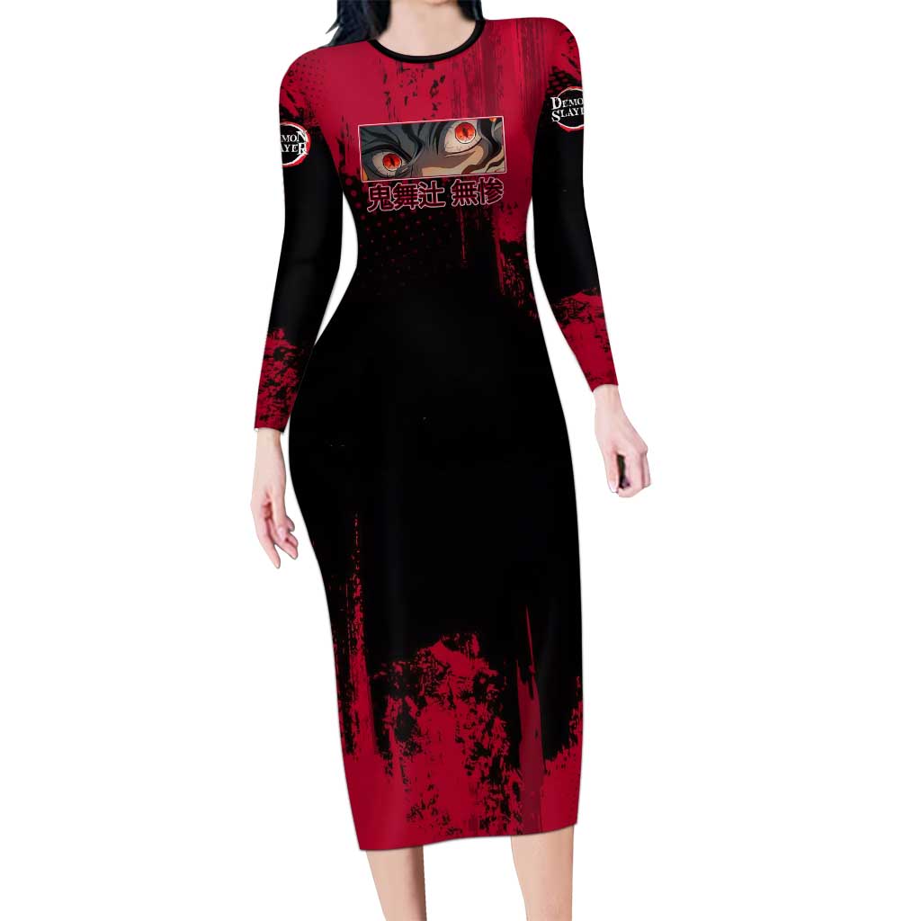 Muzan Kibutsuji Demon Slayer Red Grunge Design Long Sleeve Bodycon Dress with Intense Eyes and Hat Outfit Pose - The Mazicc