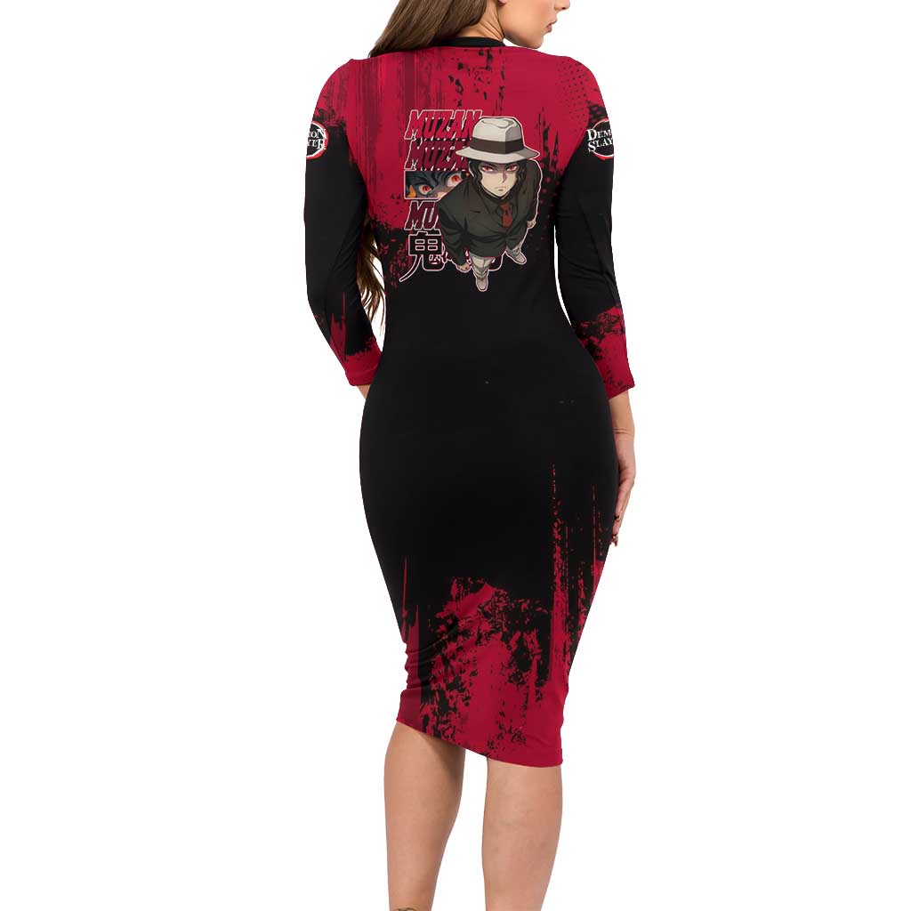 Muzan Kibutsuji Demon Slayer Red Grunge Design Long Sleeve Bodycon Dress with Intense Eyes and Hat Outfit Pose - The Mazicc