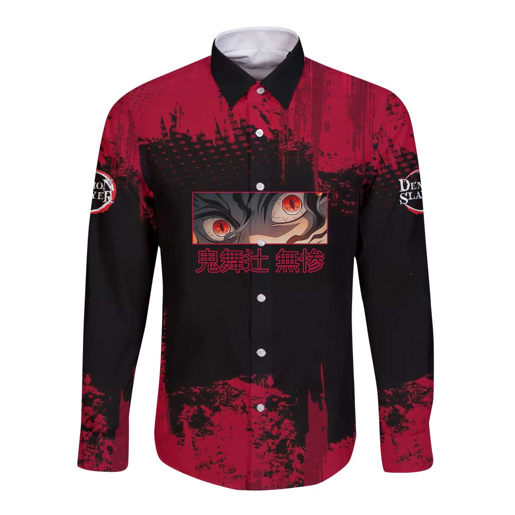 Muzan Kibutsuji Demon Slayer Red Grunge Design Long Sleeve Button Shirt with Intense Eyes and Hat Outfit Pose - The Mazicc