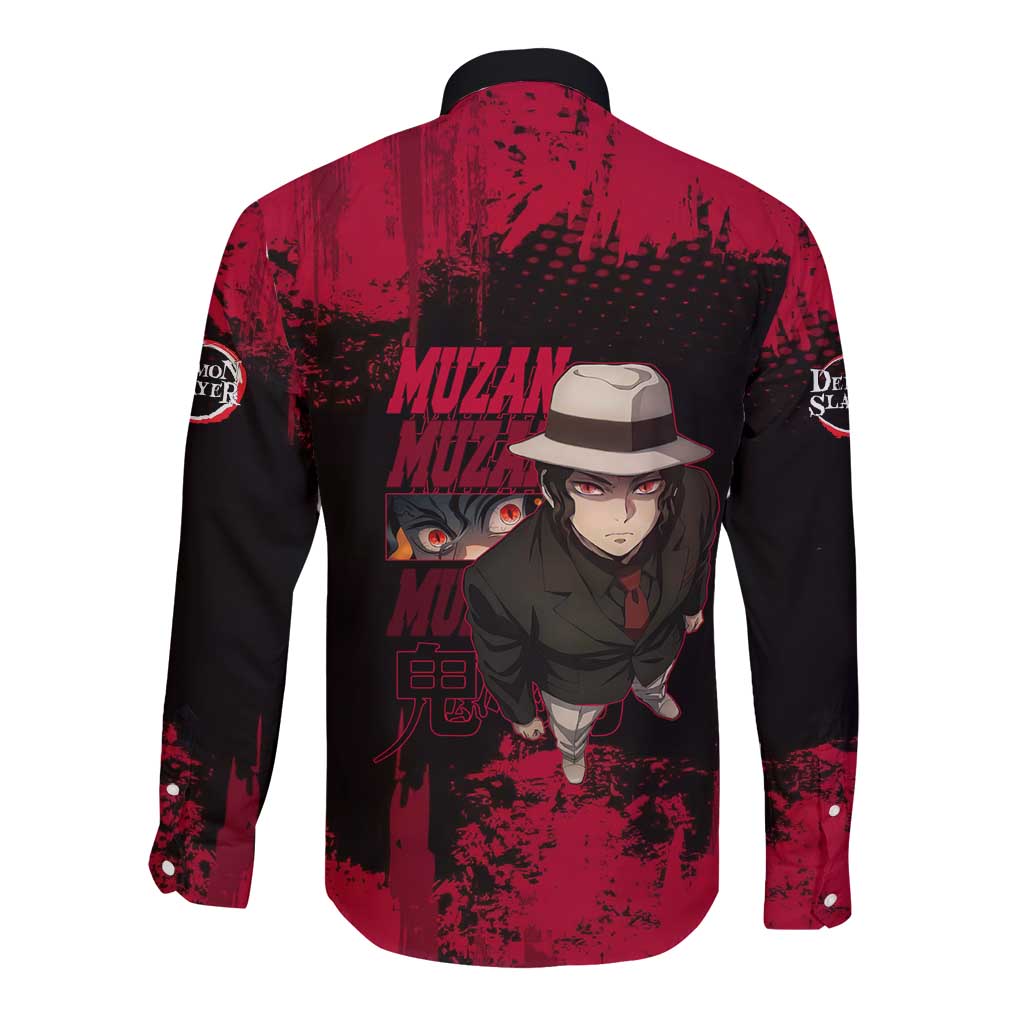 Muzan Kibutsuji Demon Slayer Red Grunge Design Long Sleeve Button Shirt with Intense Eyes and Hat Outfit Pose - The Mazicc