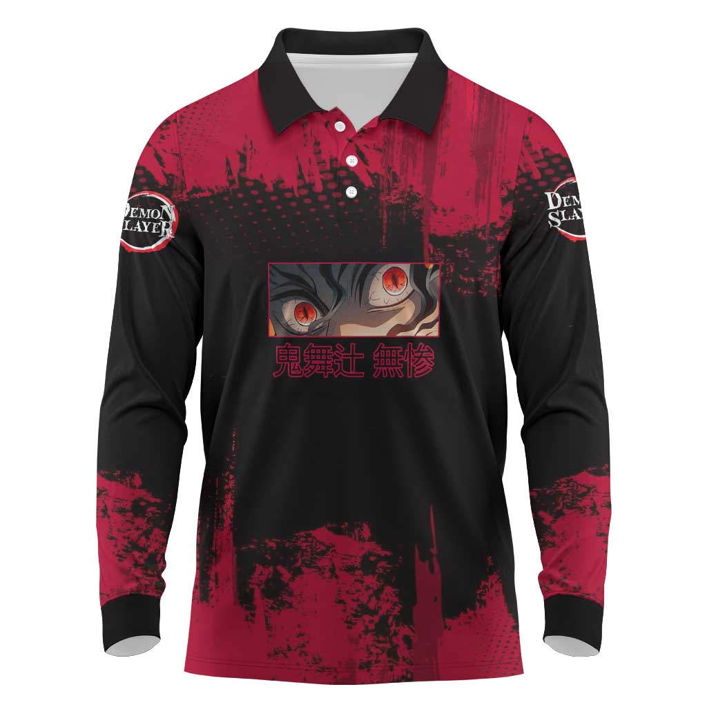 Muzan Kibutsuji Demon Slayer Red Grunge Design Long Sleeve Polo Shirt with Intense Eyes and Hat Outfit Pose - The Mazicc